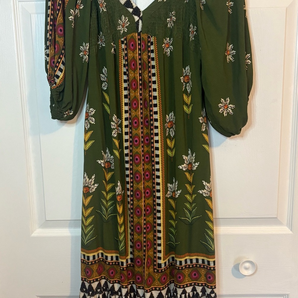 FARM Rio Green Off the Shoulder Bishop Sleeve Sundress